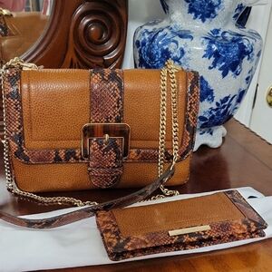 Brahmin Rosa Tan and Brown Crossbody Bag with Gold Chain, Matching Wallet.